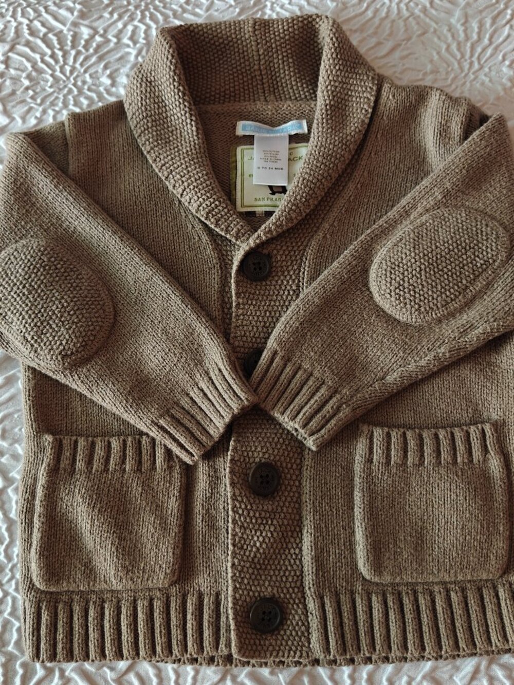 Vintage JANIE and JACK Baby Boy Chunky Knit Tan Sweater Cardigan 18-24 months